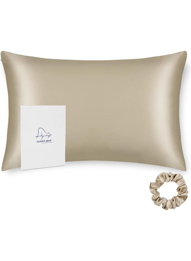 ALASKA BEAR ALASKA BEAR King Size Silk Pillowcase Silk Scrunchie Gift Set for Beauty Sleep (1, Beige)  - Image 1
