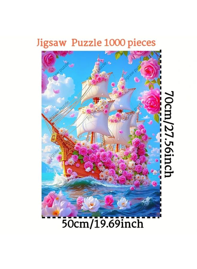 YF1855 1000 Pcs Jigsaw Puzzle Floral Sailboat Pink Roses 19.69x27.56 Inch - Image 3