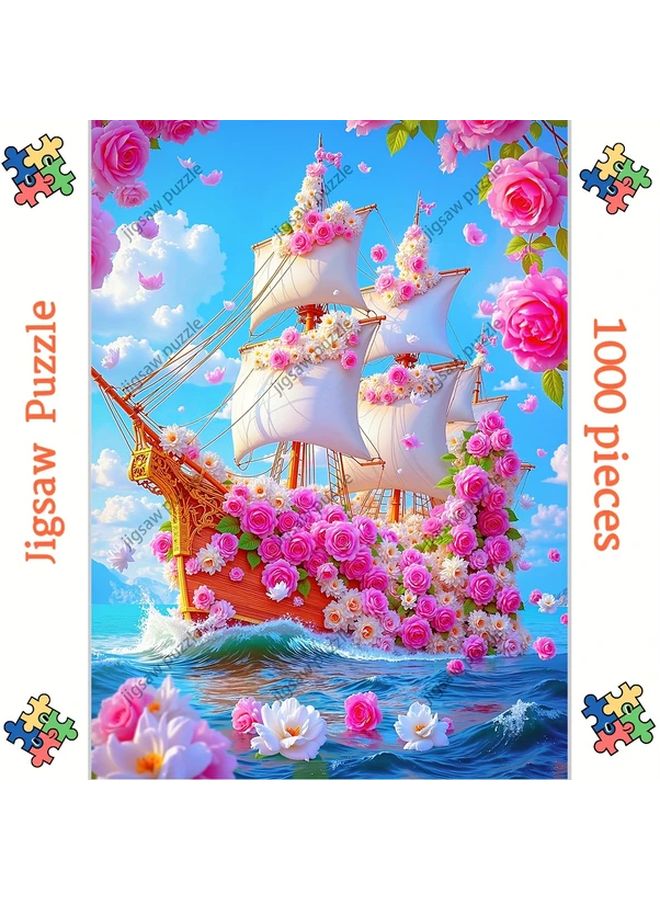 YF1855 1000 Pcs Jigsaw Puzzle Floral Sailboat Pink Roses 19.69x27.56 Inch - Image 1