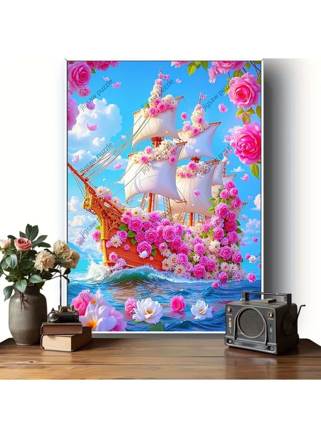 YF1855 1000 Pcs Jigsaw Puzzle Floral Sailboat Pink Roses 19.69x27.56 Inch - Image 4