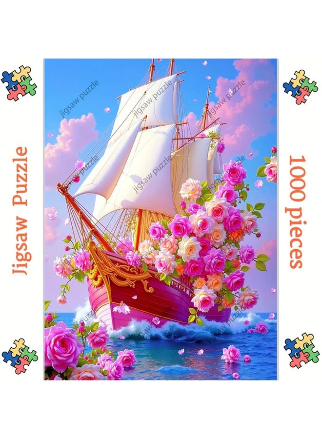 YF1855 1000 Pcs Jigsaw Puzzle Floral Sailboat Pink Roses 19.69x27.56 Inch - Image 5