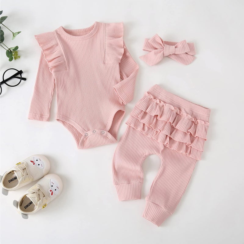 Fullfamous Newborn Infant Baby Girl Fall Winter Clothes Long Sleeve Onesie Clothing Pant Clothing Set Outfits Gifts Newborn Pink - Image 2