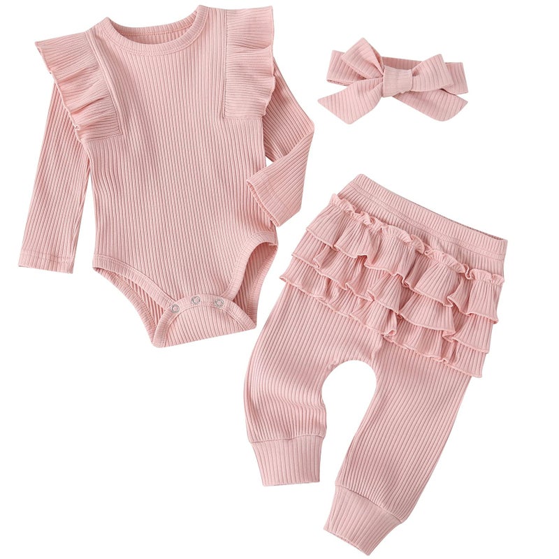 Fullfamous Newborn Infant Baby Girl Fall Winter Clothes Long Sleeve Onesie Clothing Pant Clothing Set Outfits Gifts Newborn Pink - Image 1