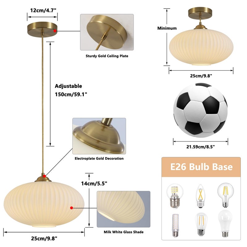 KCO Lighting Mid Century Modern Gold Globe Pendant Lighting Brushed Brass White Opal Glass Pendant Light Antique Farmhouse Single Hanging Kitchen Island Lighting Fixture - Image 2