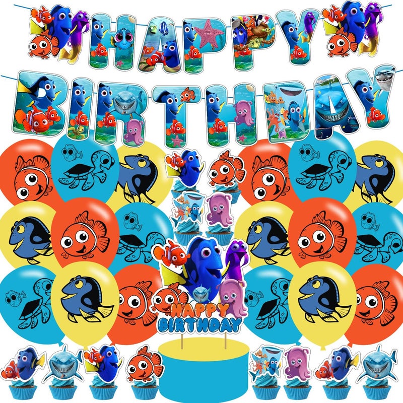 PINUO Finding Nemo Birthday Decorations,Finding Nemo Themed Party Decorations,Finding Dory Party Favors Supplies Gifts Room Decor,Banner Balloons Cake Cupcake Toppers - Image 1