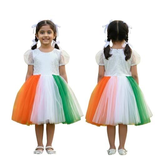 Sarvda Tricolor Frock for Girls | Saffron White Green Theme Dress | Independence Day & Republic Day Special Kids Outfit - Image 1