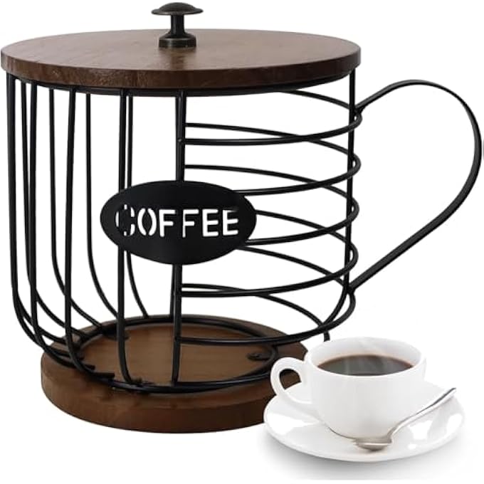 rayihni Coffee Pod Holders For Counter  K Cup Holders For Counter  Coffee Pods Storage Organizer  Coffee Bar Accessories  Large Capacity Black Wire Kup Storage With Wooden Base - Image 1