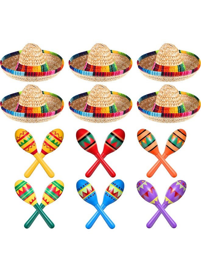 سيفانير 12 قطعة خشبية من Fiesta Maracas بتصميم ملون من Fiesta Maracas هدايا مكسيكية و6 قطع من قبعات Sombrero الصغيرة قبعة مكسيكية لمستلزمات Fiesta المكسيكية الكرنفالات - Image 1