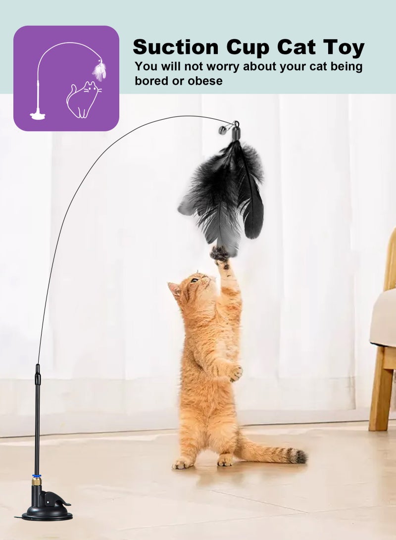 Cat Feather Toys,Cat Wand Toy with Powerful Suction Cup,Interactive Cat Toy Detachable Feather Replacements with Bell for Indoor Cats （2 Extra Feathers） - Image 5