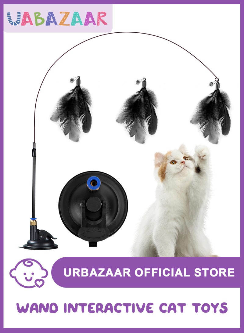 Cat Feather Toys,Cat Wand Toy with Powerful Suction Cup,Interactive Cat Toy Detachable Feather Replacements with Bell for Indoor Cats （2 Extra Feathers） - Image 1