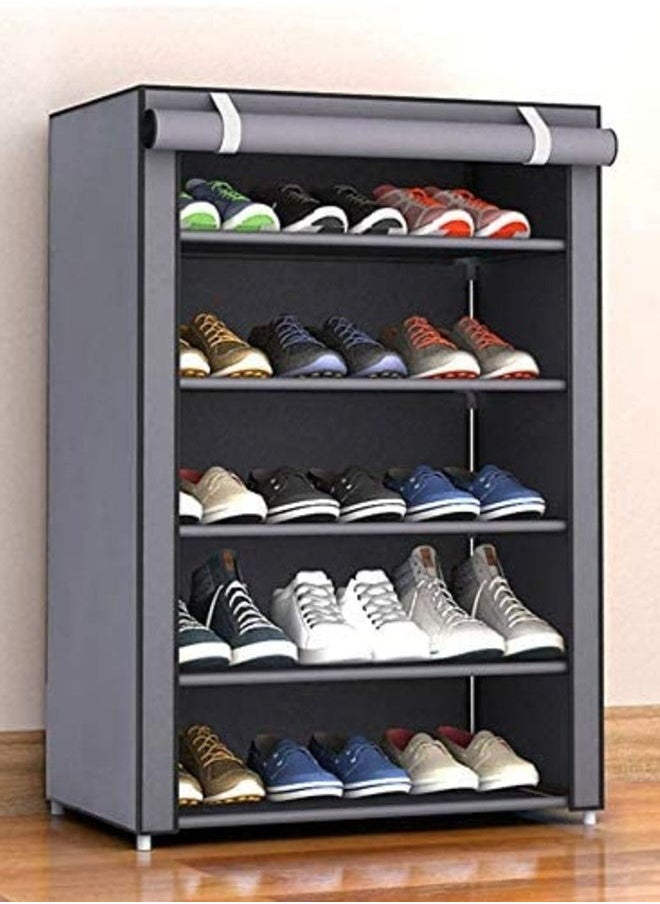 RollsTimi  Shoe Rack 5 Shelves With Stainless Steel Frame Grey 60x30x90cm Storage Organizer Keep Room Neat Door Space with Dustproof Cover Closets  - Image 1