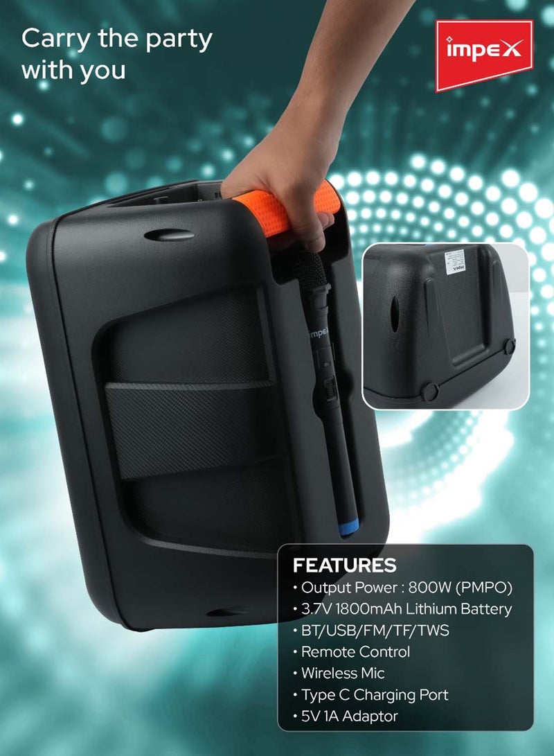 Impex 8 Inch Portable Trolley Bluetooth Speaker - 800W PMPO, BT/FM/USB/TF/AUX, TWS Function, Wireless Mic, LED Display & Light, Inbuilt 1800mAh Rechargeable Battery With Type-C Charging Black - Image 3