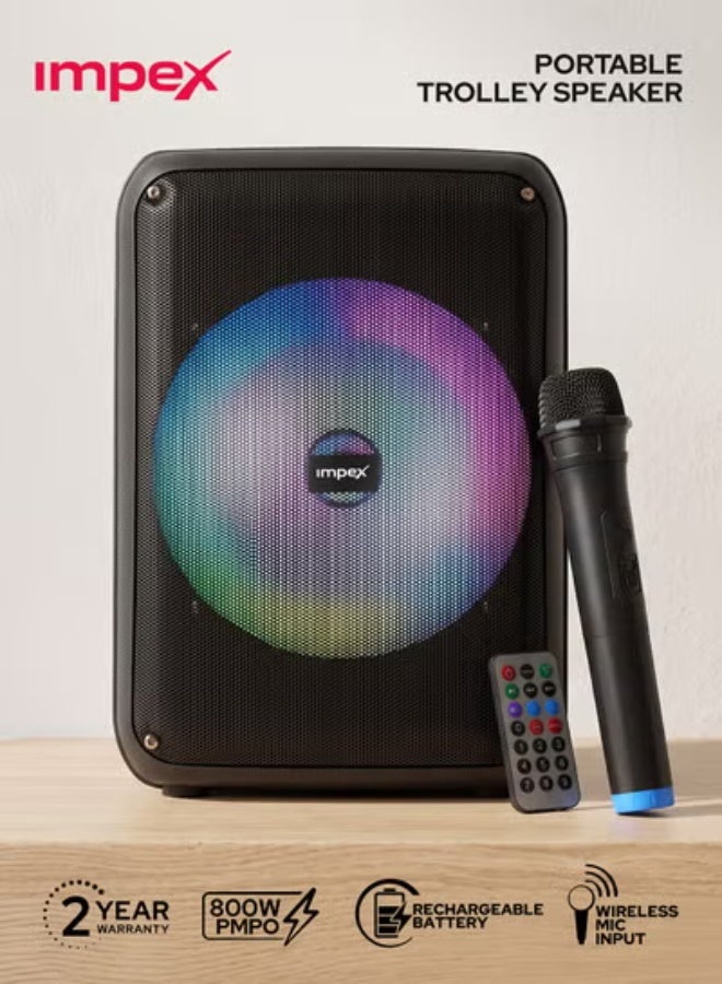 Impex 8 Inch Bluetooth Portable Trolley Speaker - 800W PMPO, BT/FM/USB/TF/AUX, TWS Function, Wireless Mic, Music Player Song Player, LED Light, Inbuilt 1800mAh Rechargeable Battery With Type-C Charging, 2 Year Warranty - TS 4001A, Black Black - Image 1