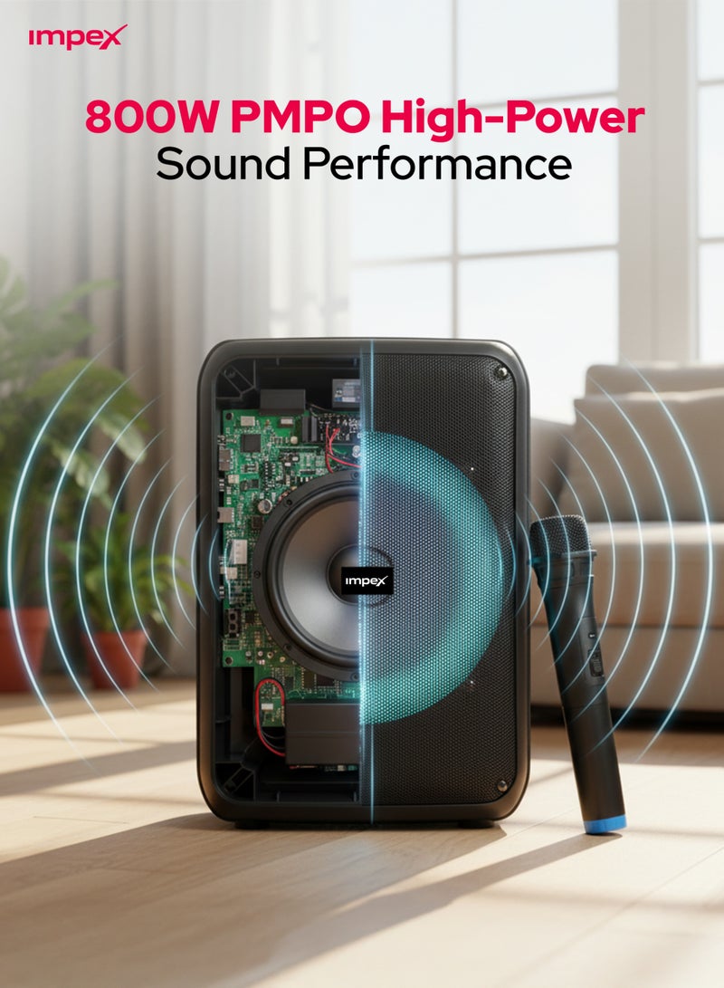 Impex 8 Inch Bluetooth Portable Trolley Speaker - 800W PMPO, BT/FM/USB/TF/AUX, TWS Function, Wireless Mic, Music Player Song Player, LED Light, Inbuilt 1800mAh Rechargeable Battery With Type-C Charging, 2 Year Warranty - TS 4001A, Black Black - Image 3