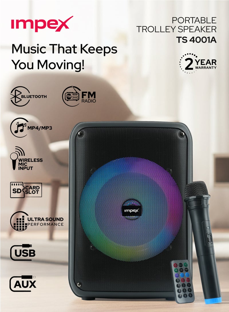 Impex 8 Inch Bluetooth Portable Trolley Speaker - 800W PMPO, BT/FM/USB/TF/AUX, TWS Function, Wireless Mic, Music Player Song Player, LED Light, Inbuilt 1800mAh Rechargeable Battery With Type-C Charging, 2 Year Warranty - TS 4001A, Black Black - Image 2
