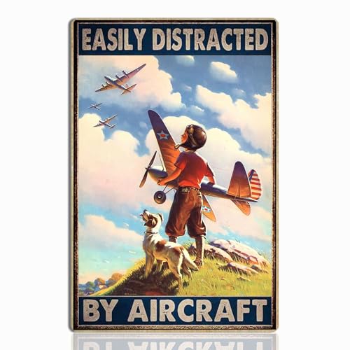 keowhsf Airplane Decor Aviation Wall Art - Vintage Airplane Metal Tin Sign Easily Distracted by Airplanes Retro Plane Poster for Boys Room, Man Cave, Garage, or Home Bar, 8x12 Inches - Image 1