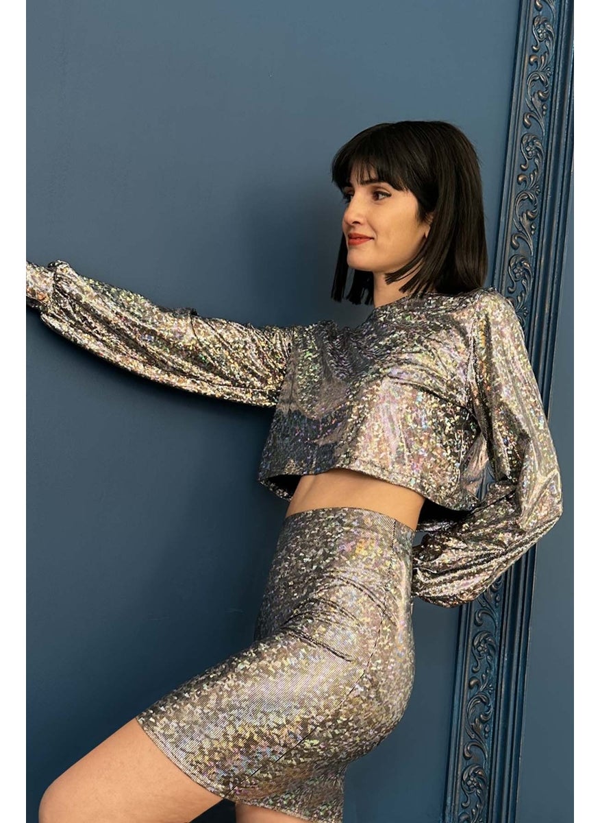 Due Stelle Hologram Balloon Sleeve Skirt Blouse Top and Bottom Set  - Image 1