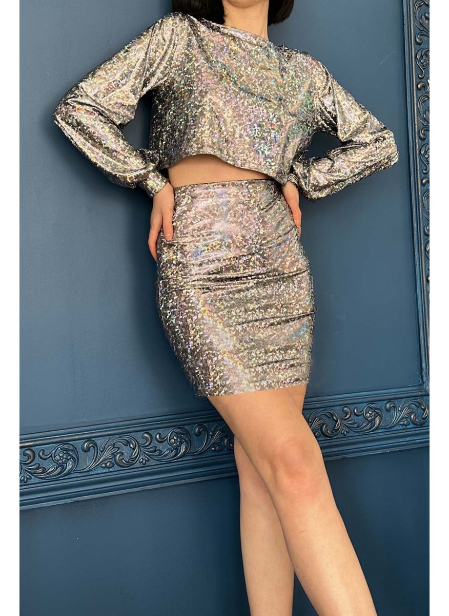 Due Stelle Hologram Balloon Sleeve Skirt Blouse Top and Bottom Set  - Image 3