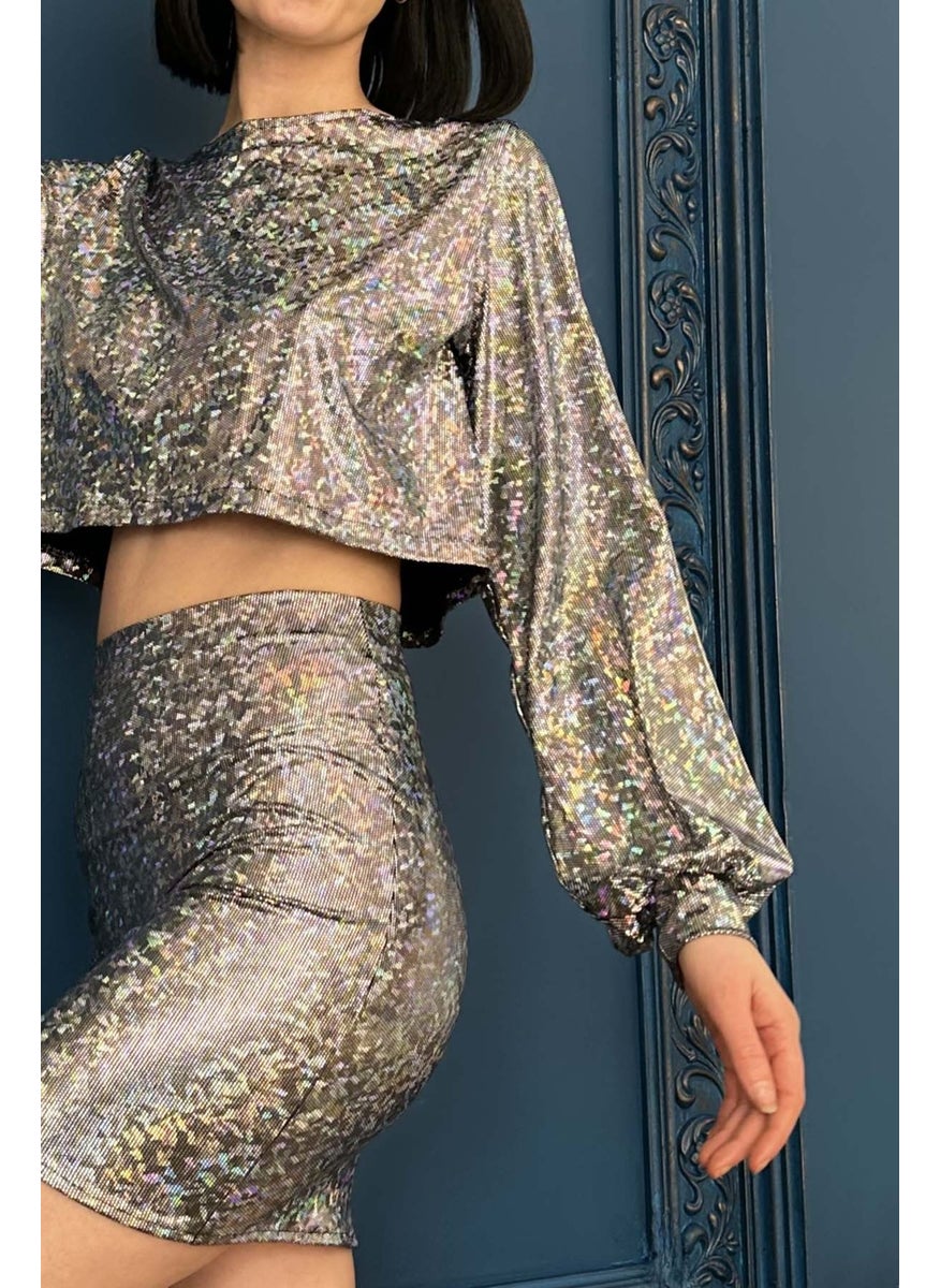 Due Stelle Hologram Balloon Sleeve Skirt Blouse Top and Bottom Set  - Image 2