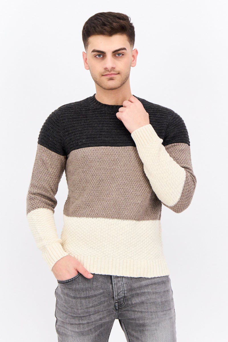 Sorbino Men Crew Neck Textured Long Sleeves Sweater, Cream  - Image 1