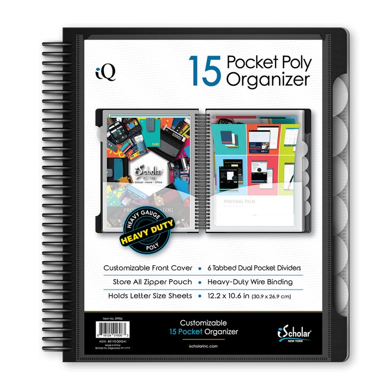 iScholar iQ 15 Pocket Organizer 122 x 11 Inches Tabbed Dividers Black 39906BK