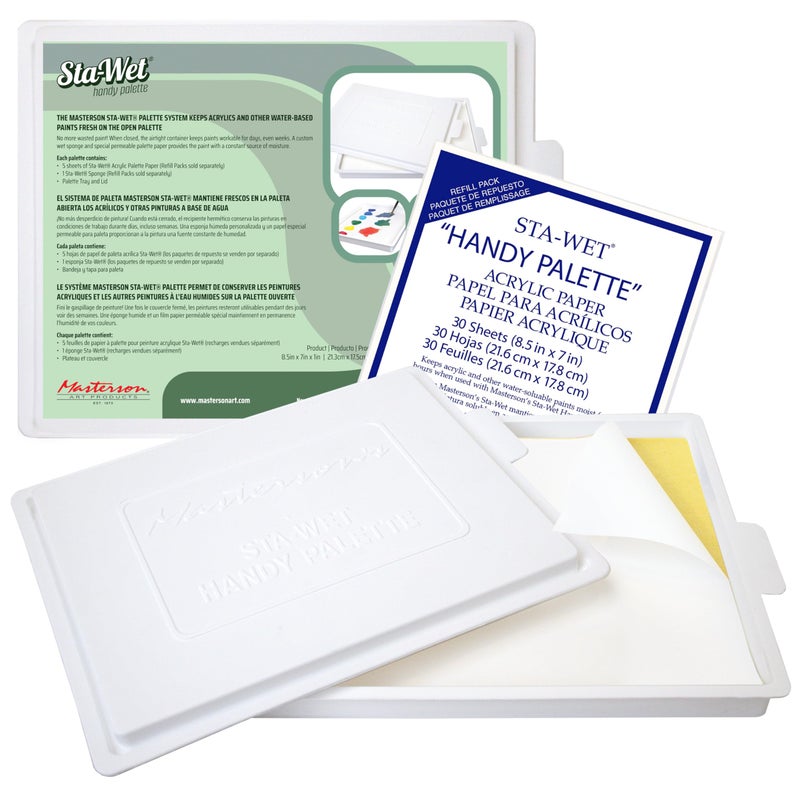Masterson Sta-Wet Handy Palette Bundled Set, with 30 Acrylic Paper Refill Sheets, 8.5in x 7in Airtight Wet Painting Palette, Keeps Wet Paint Fresh for Days, Made in USA - Image 1