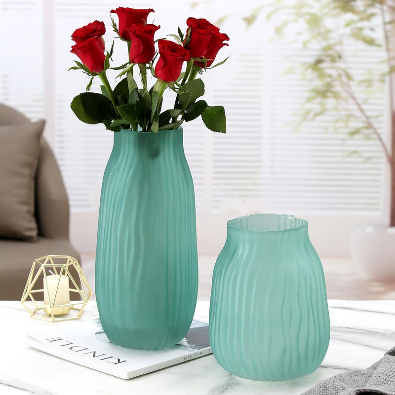 JAKY Global Modern Ribbed Glass Vase 12in Frosted Green Elegant Decorative Vases for Home Flowers Bouquet Arrangements  Centerpieces  Dinner Table Office Decor - Image 2