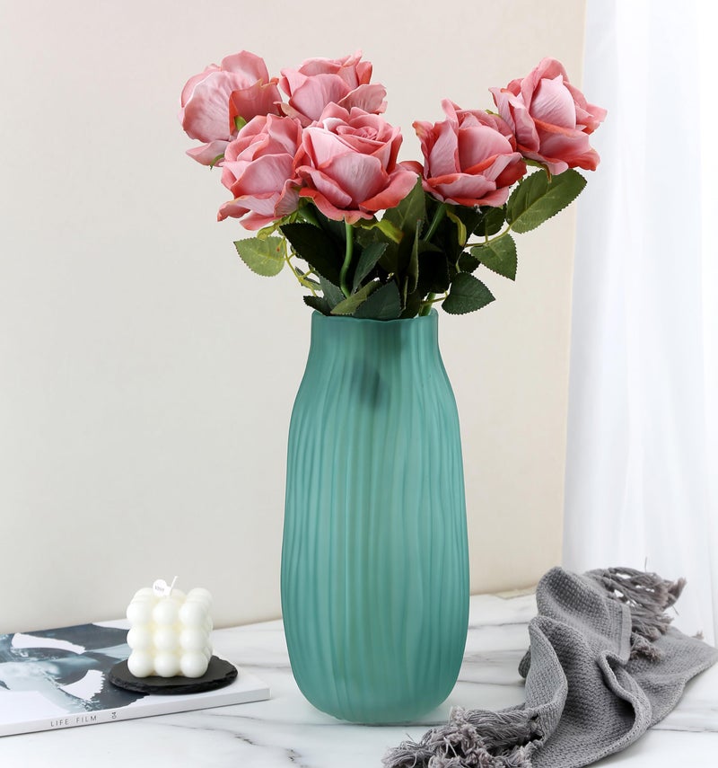 JAKY Global Modern Ribbed Glass Vase 12in Frosted Green Elegant Decorative Vases for Home Flowers Bouquet Arrangements  Centerpieces  Dinner Table Office Decor - Image 3