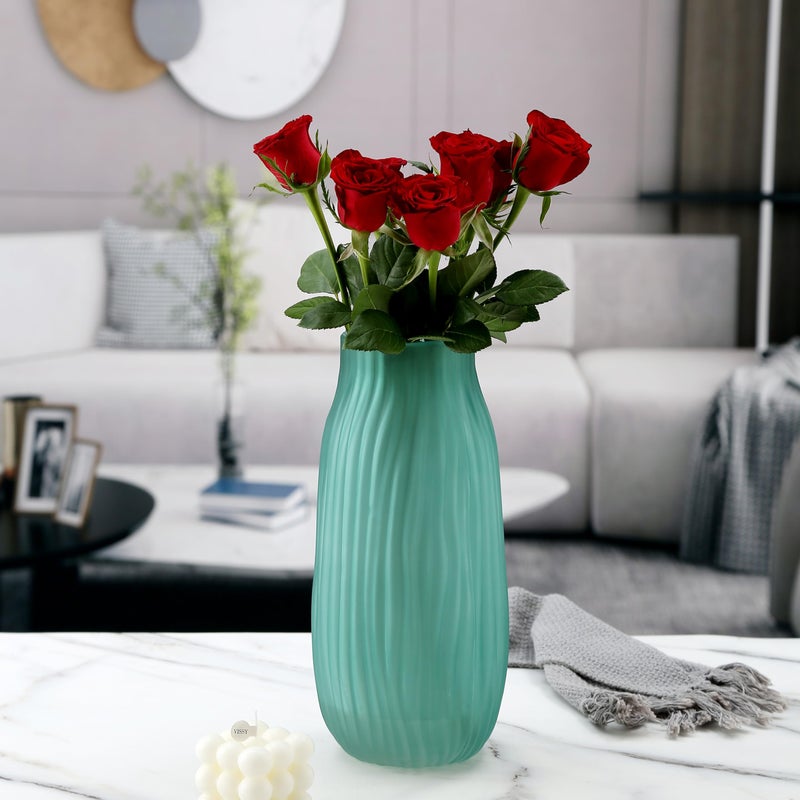 JAKY Global Modern Ribbed Glass Vase 12in Frosted Green Elegant Decorative Vases for Home Flowers Bouquet Arrangements  Centerpieces  Dinner Table Office Decor - Image 4