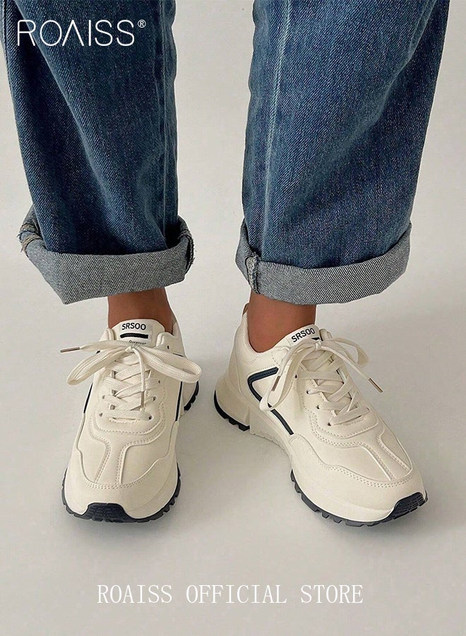 roaiss Women's Low-Top Sneakers Lace up Thick Soles Height-Increasing Versatile Casual Summer Running Shoes Lightweight Soft Padding Non-slip, Comfortable White Athletic Shoes - Image 4