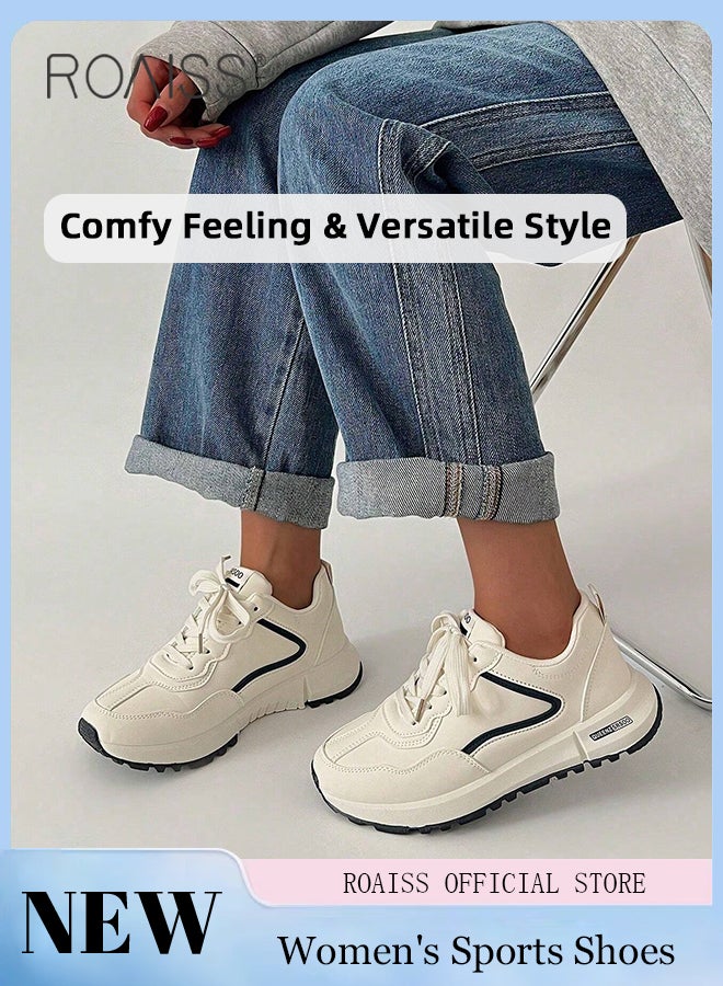 roaiss Women's Low-Top Sneakers Lace up Thick Soles Height-Increasing Versatile Casual Summer Running Shoes Lightweight Soft Padding Non-slip, Comfortable White Athletic Shoes - Image 1