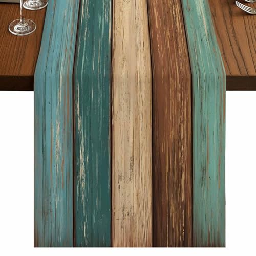 Vandarllin Farmhouse Table Runners 72 inches Long Retro Rustic Barn Wood&Teal Green Brown Turquoise Linen Burlap Rectangle Dresser Scarves Table Setting Decor for Wedding Party Holiday Coffee Dinner Home - Image 1