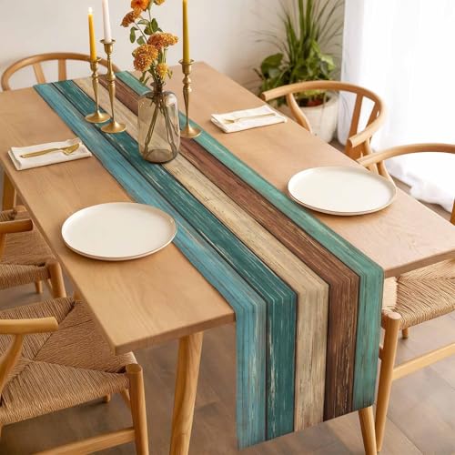 Vandarllin Farmhouse Table Runners 72 inches Long Retro Rustic Barn Wood&Teal Green Brown Turquoise Linen Burlap Rectangle Dresser Scarves Table Setting Decor for Wedding Party Holiday Coffee Dinner Home - Image 3