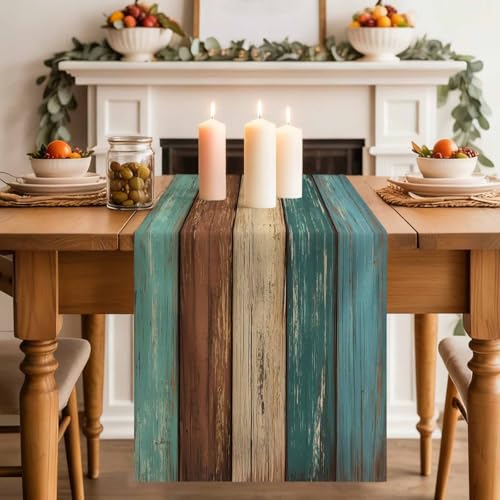 Vandarllin Farmhouse Table Runners 72 inches Long Retro Rustic Barn Wood&Teal Green Brown Turquoise Linen Burlap Rectangle Dresser Scarves Table Setting Decor for Wedding Party Holiday Coffee Dinner Home - Image 2