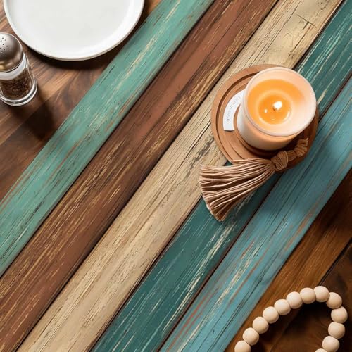 Vandarllin Farmhouse Table Runners 72 inches Long Retro Rustic Barn Wood&Teal Green Brown Turquoise Linen Burlap Rectangle Dresser Scarves Table Setting Decor for Wedding Party Holiday Coffee Dinner Home - Image 4