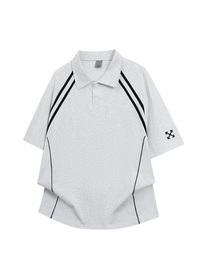 OFF-WHITE Shoulder parallel bars cotton couple summer loose contrast short sleeve lapel POLO shirt - Image 3