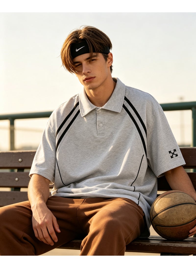 OFF-WHITE Shoulder parallel bars cotton couple summer loose contrast short sleeve lapel POLO shirt - Image 5