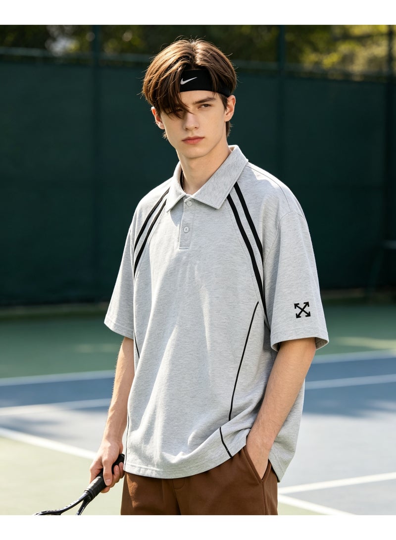 OFF-WHITE Shoulder parallel bars cotton couple summer loose contrast short sleeve lapel POLO shirt - Image 1