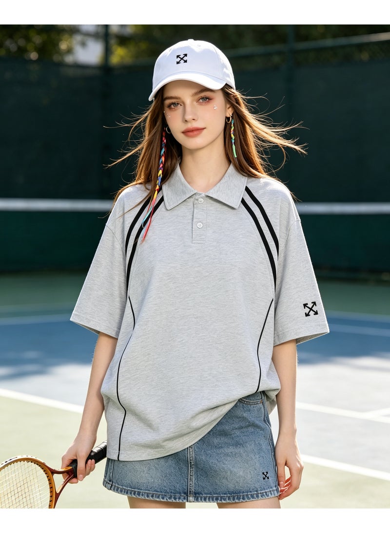 OFF-WHITE Shoulder parallel bars cotton couple summer loose contrast short sleeve lapel POLO shirt - Image 2