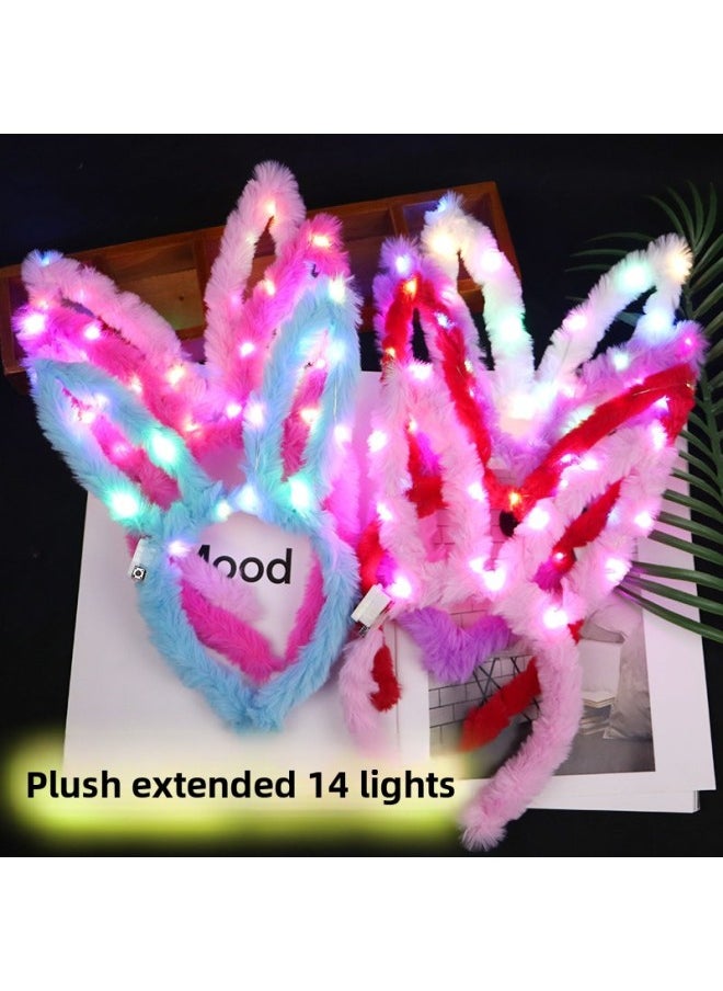 Generic - Cute Luminous Plush Rabbit Ears Headband 14 Light Girl Flash Headband Push Scan Code Small Gift Party Activities-Specifications:14 Lamp Plush Rabbit Ears Multi-color Mixed - Image 1