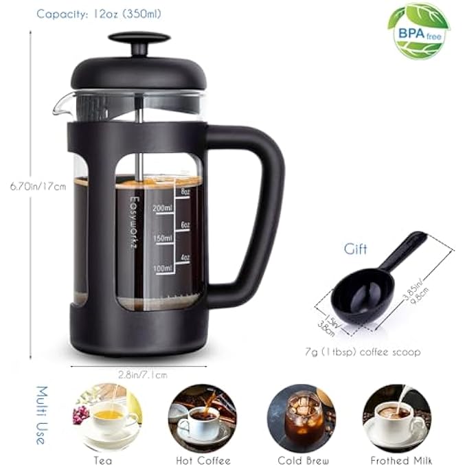 EASYWORKZ French Press 350Ml Cafetiere Coffee Tea Maker With Borosilicate GlassSoft Grip Handle  Black - Image 2