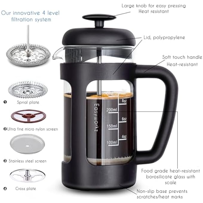 EASYWORKZ French Press 350Ml Cafetiere Coffee Tea Maker With Borosilicate GlassSoft Grip Handle  Black - Image 3