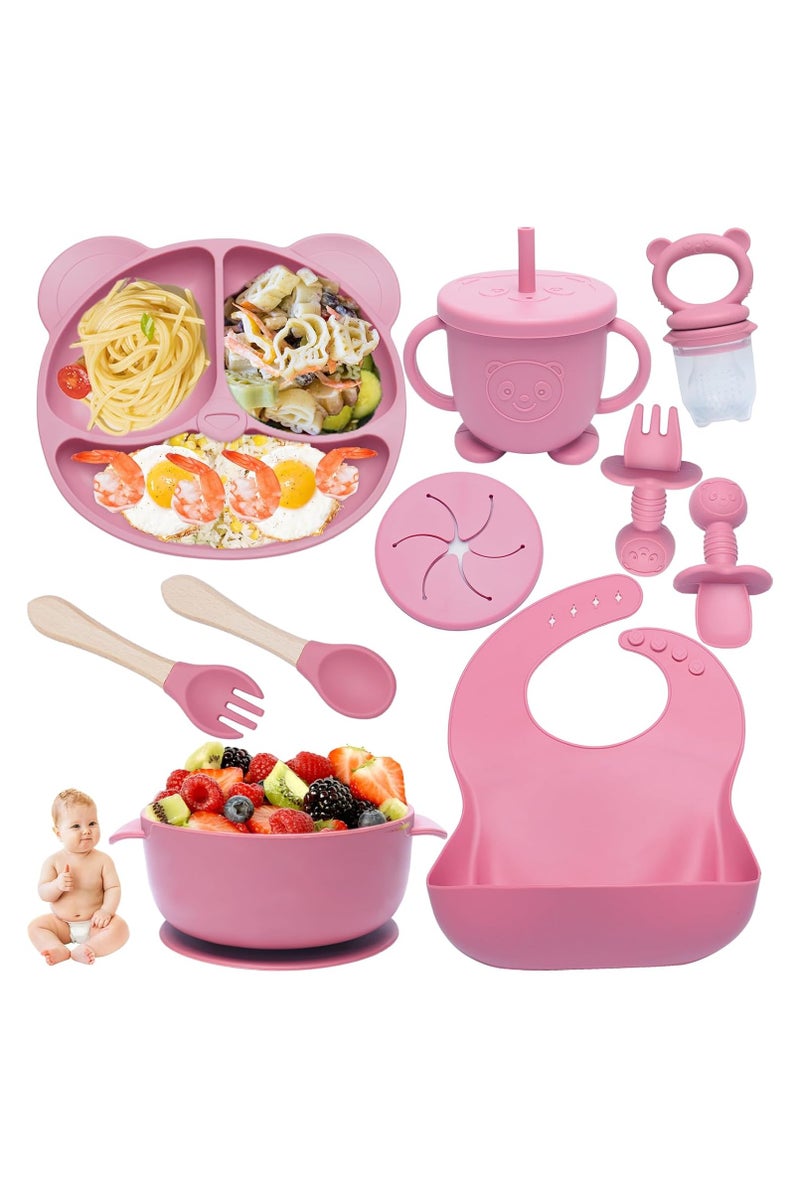 آي ميس يو مجموعة تغذية الأطفال من السيليكون، 11 قطعة من لوازم فطام الأطفال المزودة بتقنية LED، مريلة للأطفال الصغار، كوب مقسم، طبق ووعاء، طقم ملاعق ذاتية التغذية، أدوات طعام للأطفال، لوازم تغذية الأطفال الصغار - Image 1