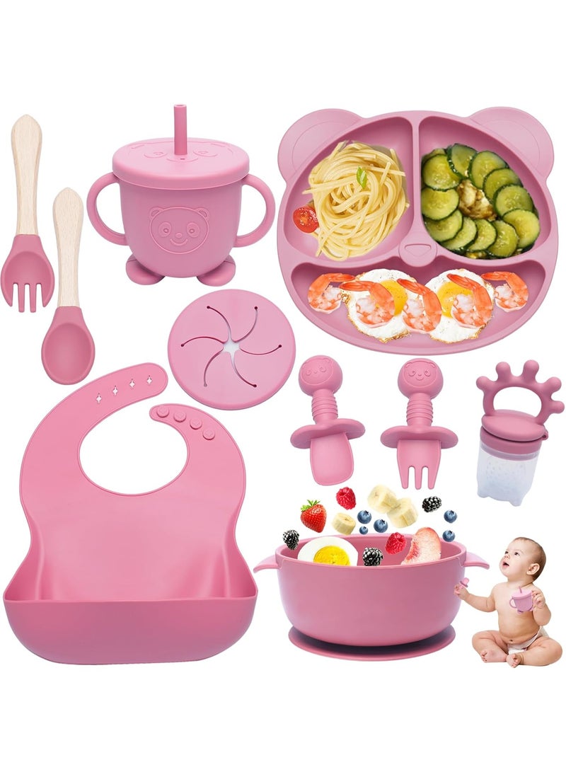 آي ميس يو مجموعة تغذية الأطفال من السيليكون، 11 قطعة من لوازم فطام الأطفال المزودة بتقنية LED، مريلة للأطفال الصغار، كوب مقسم، طبق ووعاء، طقم ملاعق ذاتية التغذية، أدوات طعام للأطفال، لوازم تغذية الأطفال الصغار - Image 1