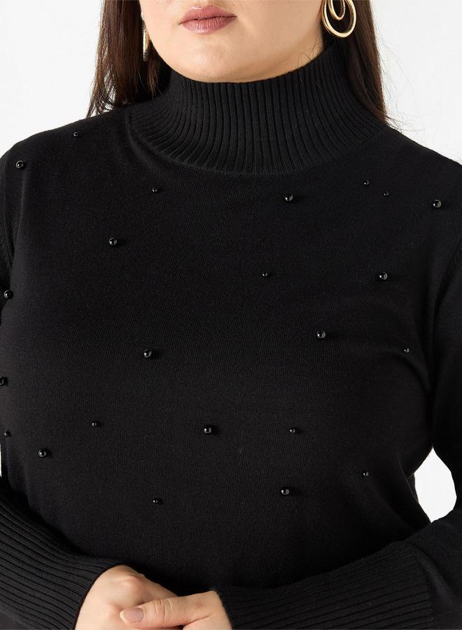 Ulla Popken Plus Size Ulla Popken Pearl Embellished High-Neck Sweater with Side Slit - Image 4