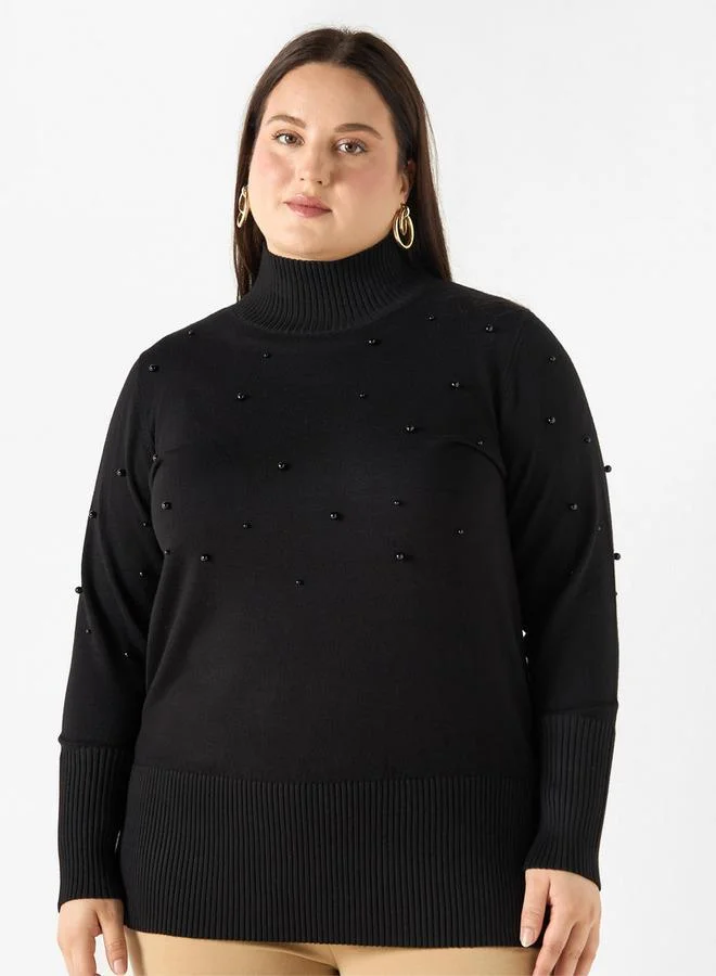 Ulla Popken Plus Size Ulla Popken Pearl Embellished High-Neck Sweater with Side Slit