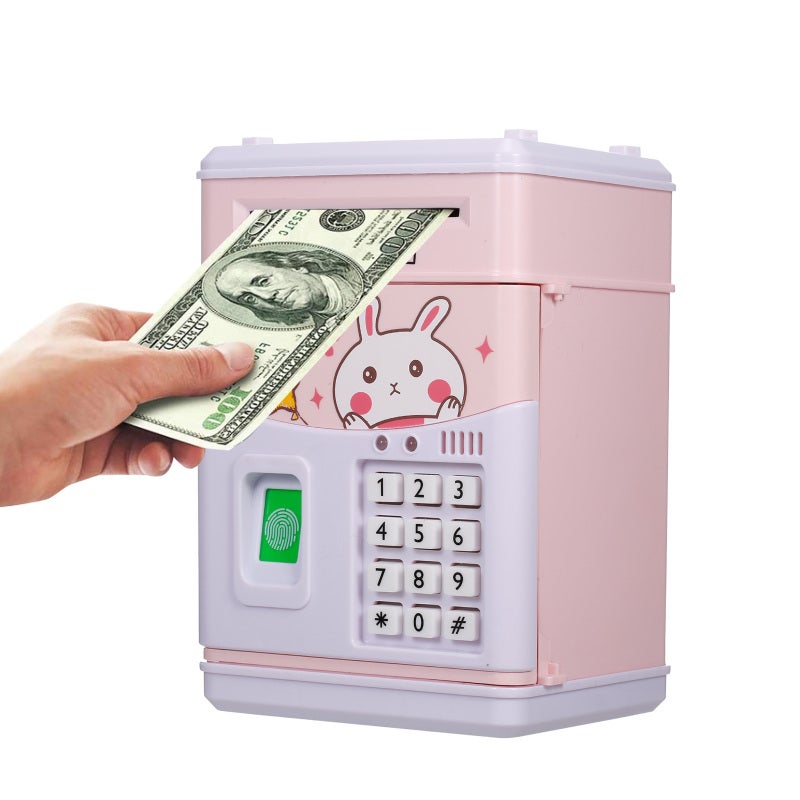 Kids Money Bank: High-Quality ABS Plastic With Fingerprint & Password Lock, Auto Scroll Cash Coin Can - 11 English Children's Songs UV Note Detection Piggy Bank for Kids - Image 1