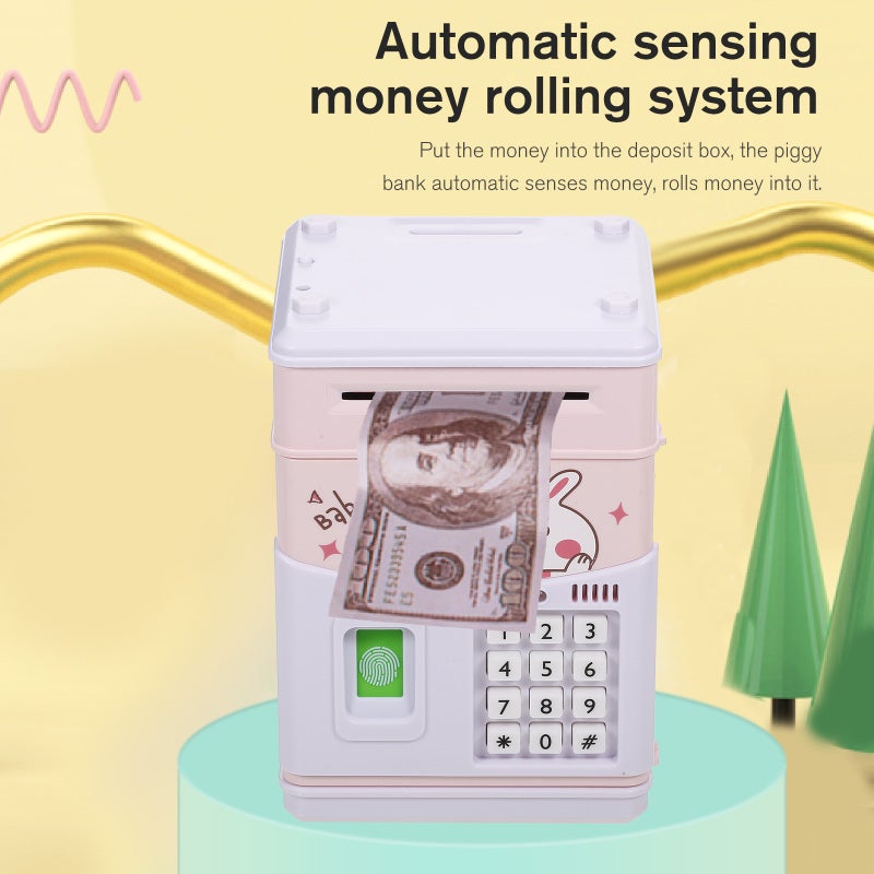 Kids Money Bank: High-Quality ABS Plastic With Fingerprint & Password Lock, Auto Scroll Cash Coin Can - 11 English Children's Songs UV Note Detection Piggy Bank for Kids - Image 4