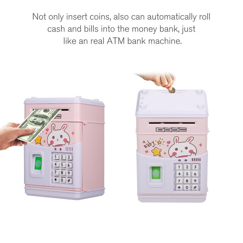 Kids Money Bank: High-Quality ABS Plastic With Fingerprint & Password Lock, Auto Scroll Cash Coin Can - 11 English Children's Songs UV Note Detection Piggy Bank for Kids - Image 2