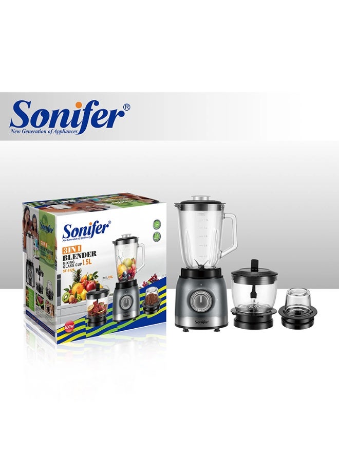 Sonifer 3-in-1 Blender 500W with 1.5L Glass Jar, Dry Grinder and Chopper, Stainless Steel Blades, Multi-Speed Control, Food Processor for Smoothies, Juices, Spices, Coffee, Nuts and Everyday Kitchen Use - Image 1